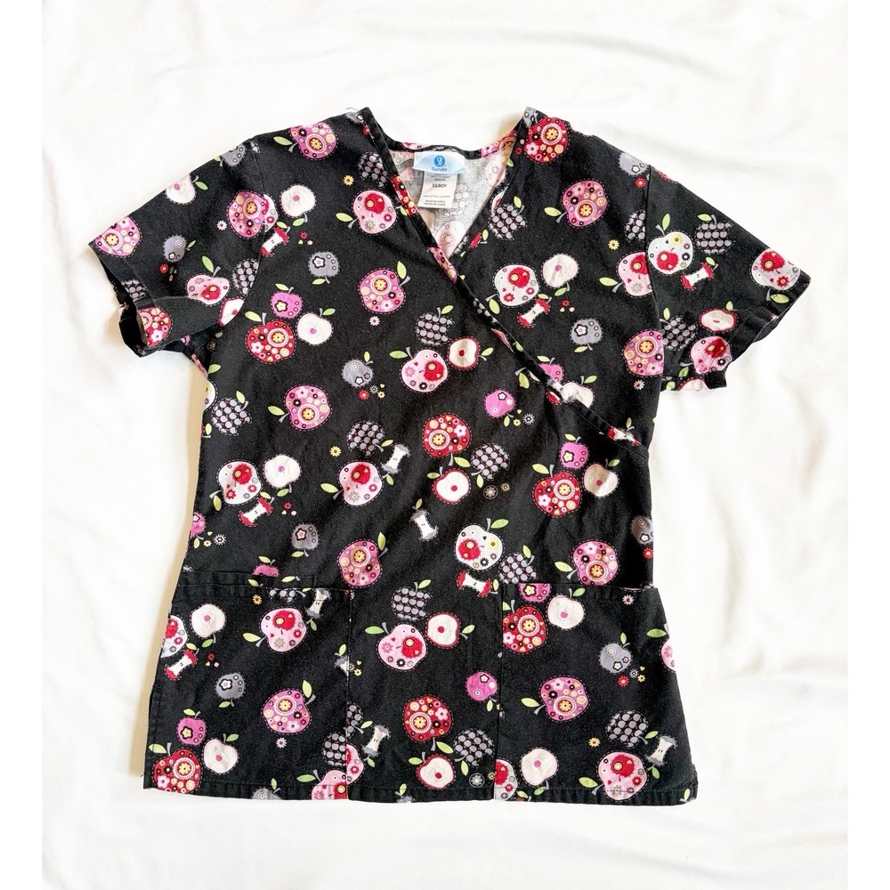 Simply Basic Womens Black Apple Medical Smock Nurse Scrubs Shirt Top XS